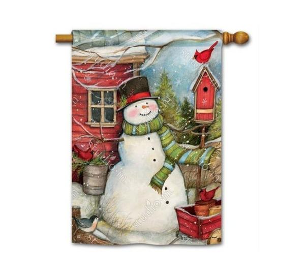 Magnet Works House Flags | Red Barn Snowman House Flag Magnet Works Flags Magnet Works House Flags