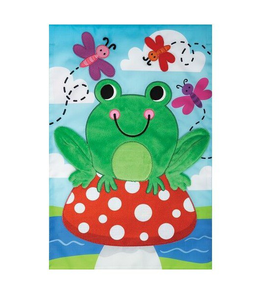 Small Garden Flags | Frog on Toadstool Applique Flag Garden Flags Small Garden Flags